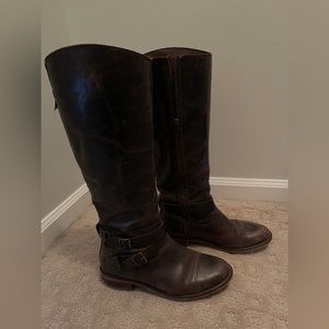 Hinge Dark Brown Leather Devin Tall Riding Inside Full Zip Boots.
